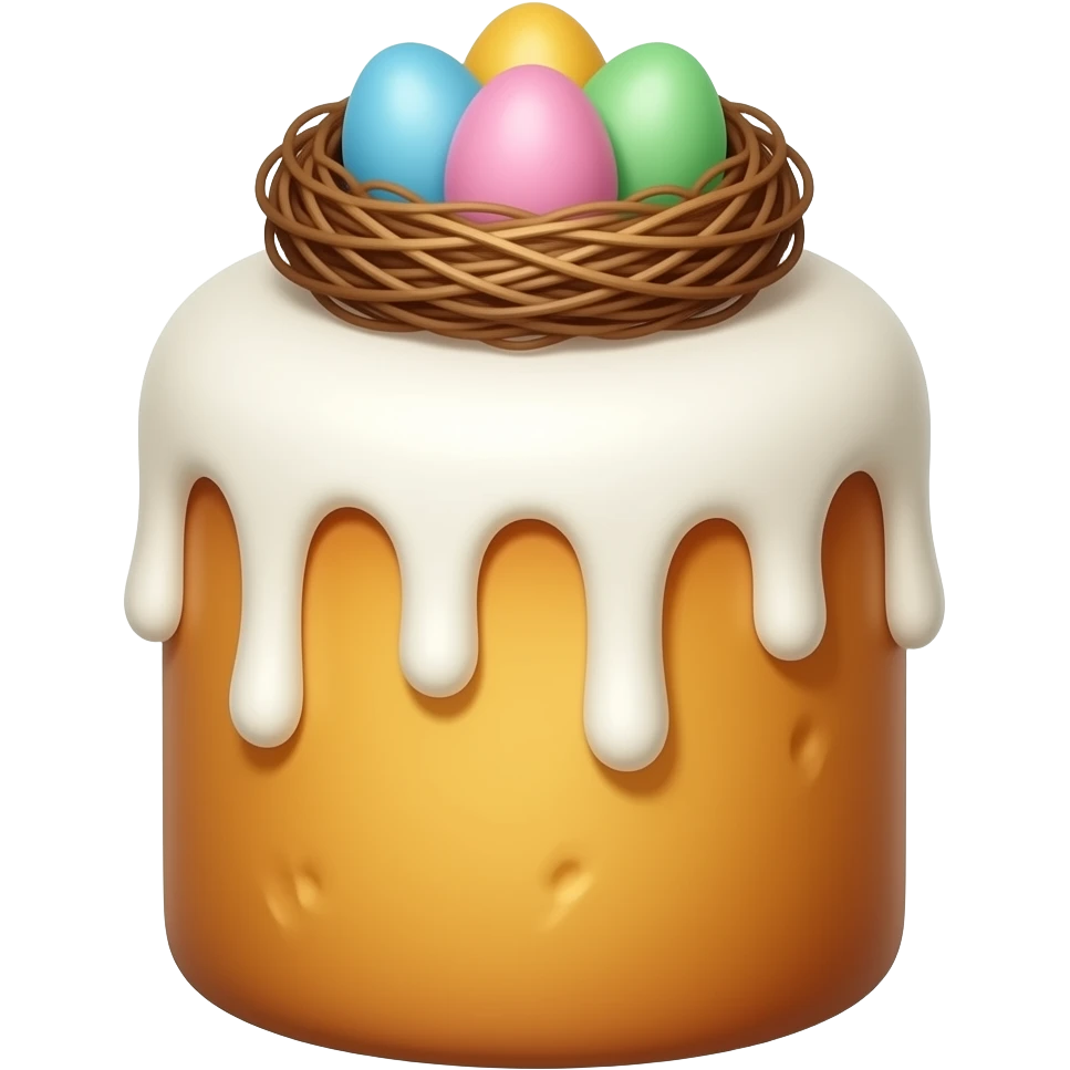 панеттоне золотистого цвета, высокий, с белой глазурью и украшением сверху в виде гнездышка с 5 очень мелкими  яичками пастельных тонов emoji