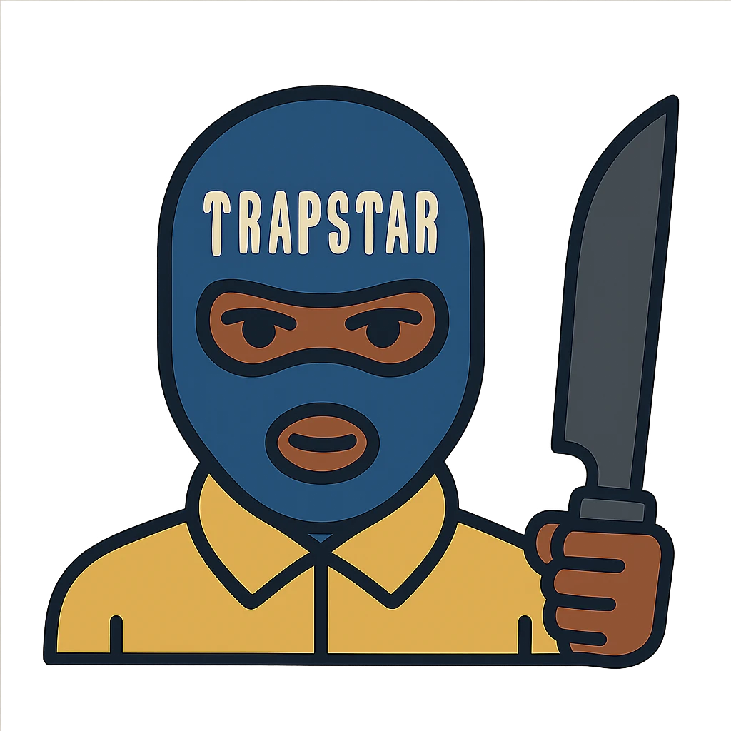 Black person with English appearance wearing a Trapstar balaclava, holding a black machete knife emoji