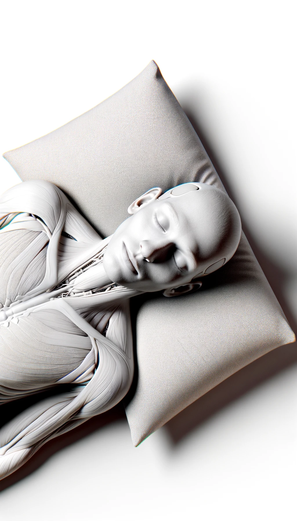 corpo umano anatomico CON TESTA SUL CUSCINO PERCHé STA DORMENDO, VISTO DALL'ALTO, ISOLATO SU SFONDO BIANCO,
 iperrealistico 4k emoji