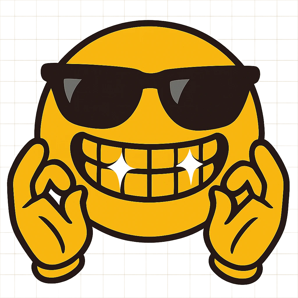 yellow emoji with sunglasses, hands up, fingers rubbing together, huge smile, sparkling grills emoji