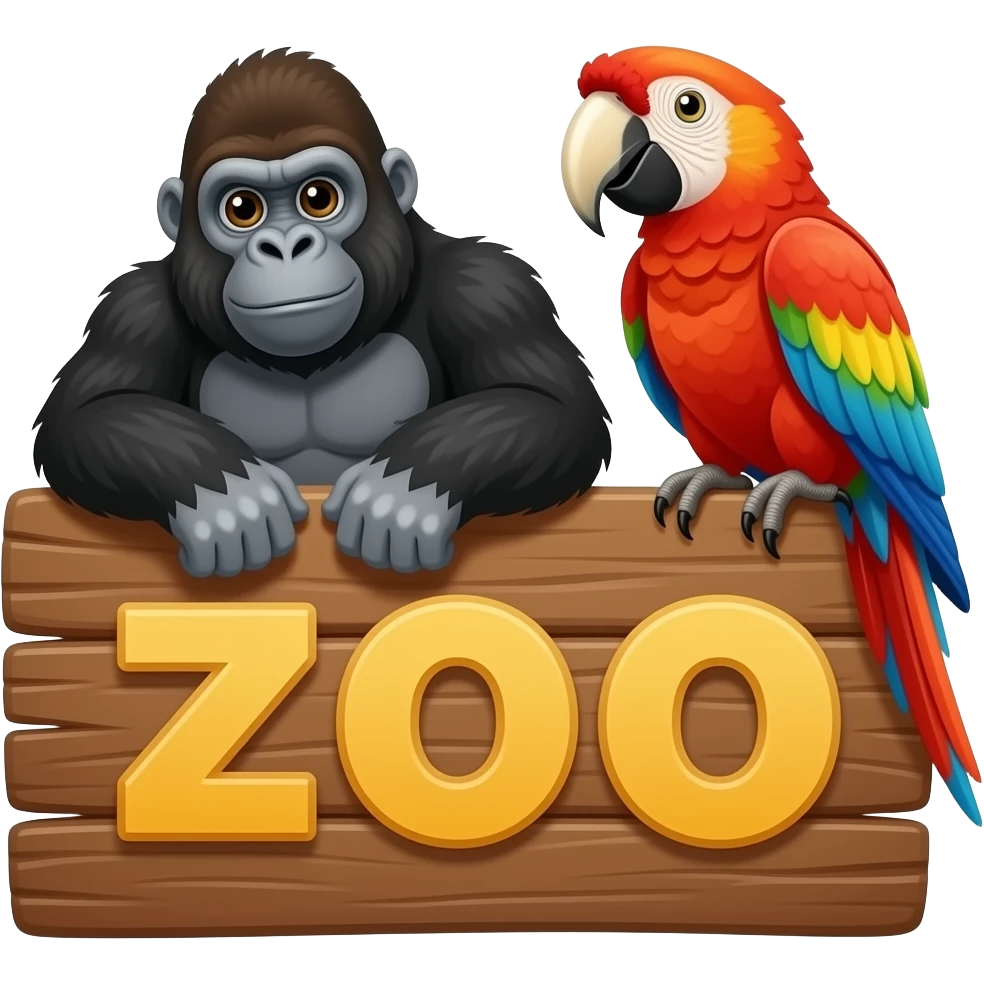 Cartoon wood that said zoo a cartoon two gorilas and  parrot sitting on the wood sign emoji