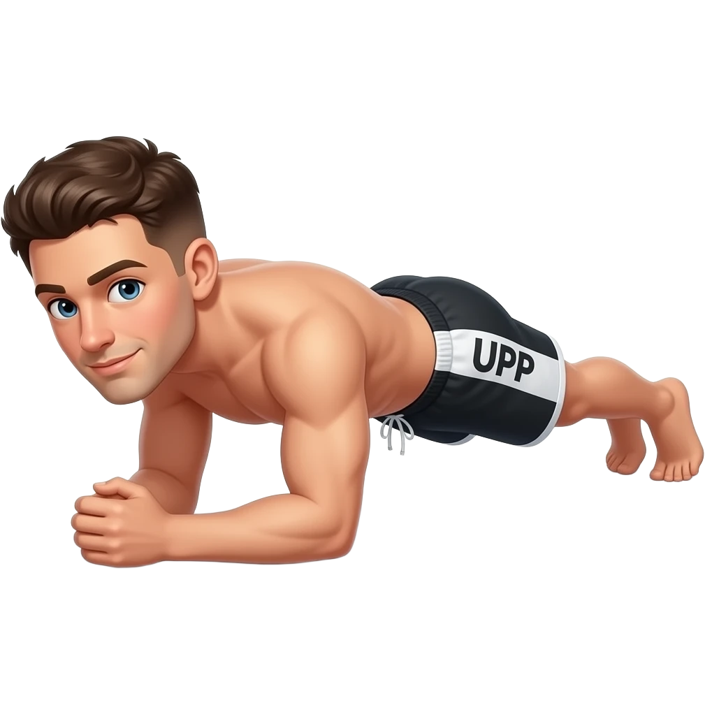 guy with brown hair with white white and black shorts that say "UPP" in white on the side forearms / !!!elbows touching the ground!!). Forearms on the ground not in air and legs straight out emoji