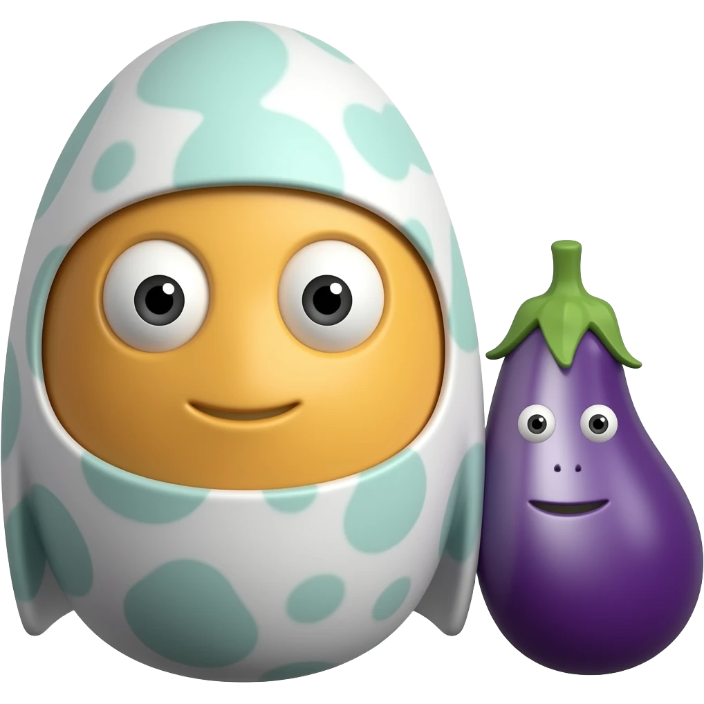 Yellow emoji face looking at one big eggplant and one small eggplant emoji