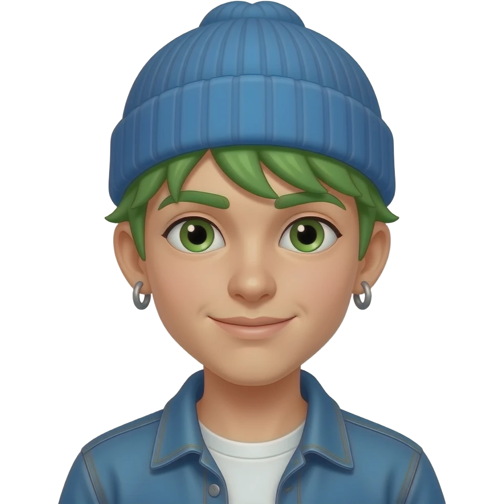 green haired boy with earrings and blue beanie emoji
