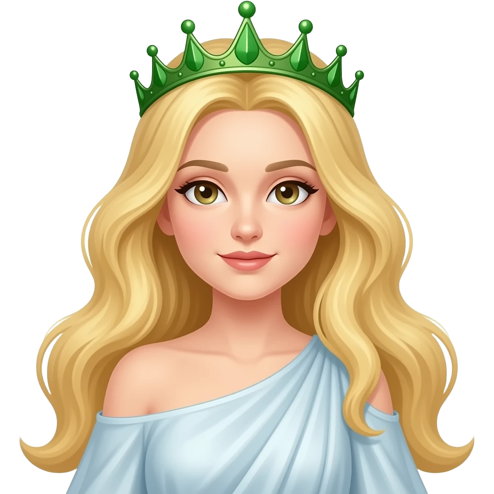 white goddess with blonde hair green crown and dress with brown-green eyes emoji