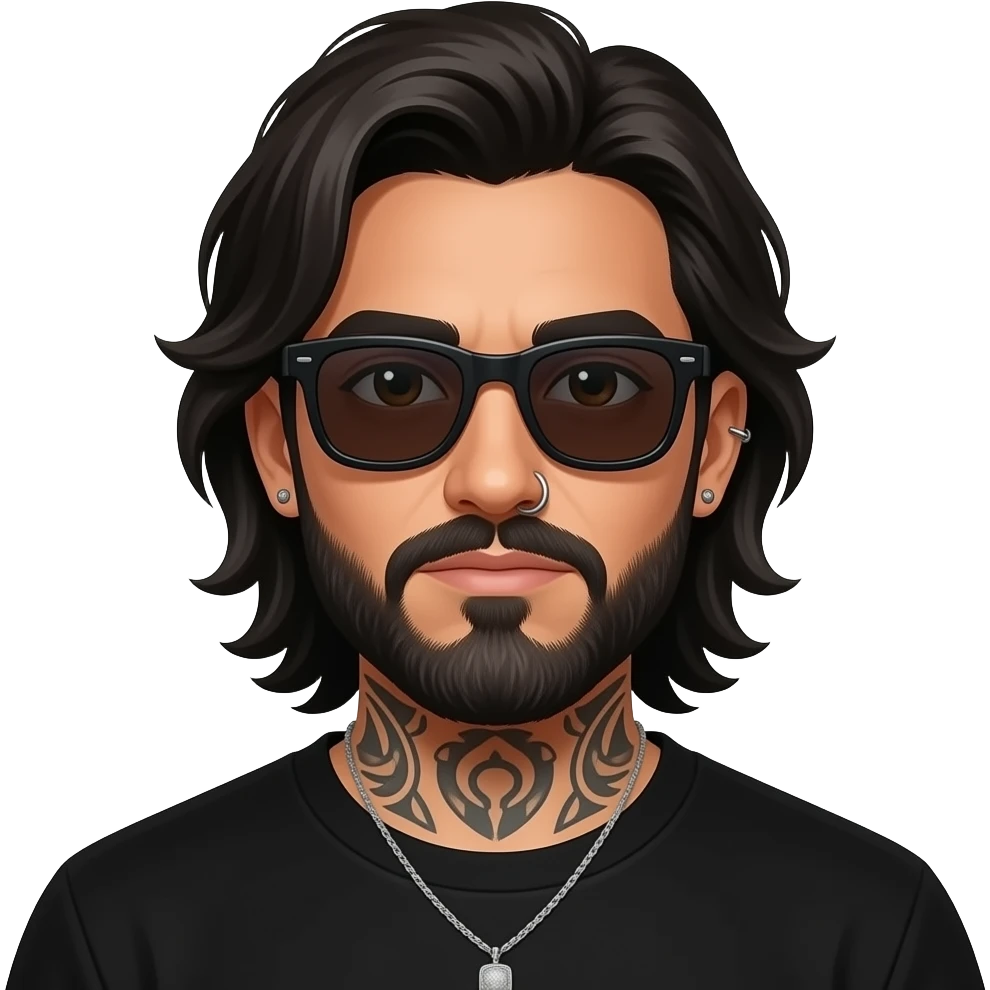 The handsome manly Latino podcast host with medium length hair, a long slightly graying beard and tattoos with his ears pierced 1 time each ear and a nose ring on the right side, dark brown eyes, wearing black, super dark sunglasses, jewelry, getting a divorce emoji