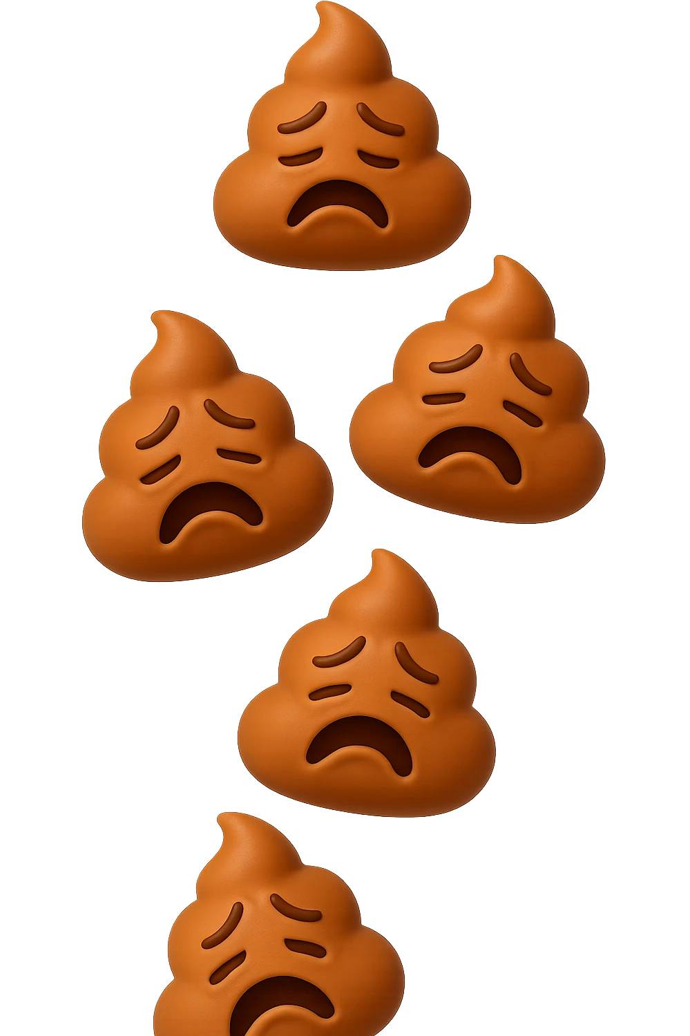 EMOJI STILE IPHONE 3D DI palline di cacca tristi che cadono dall'alto verticalmente, iperrealistico 4k emoji