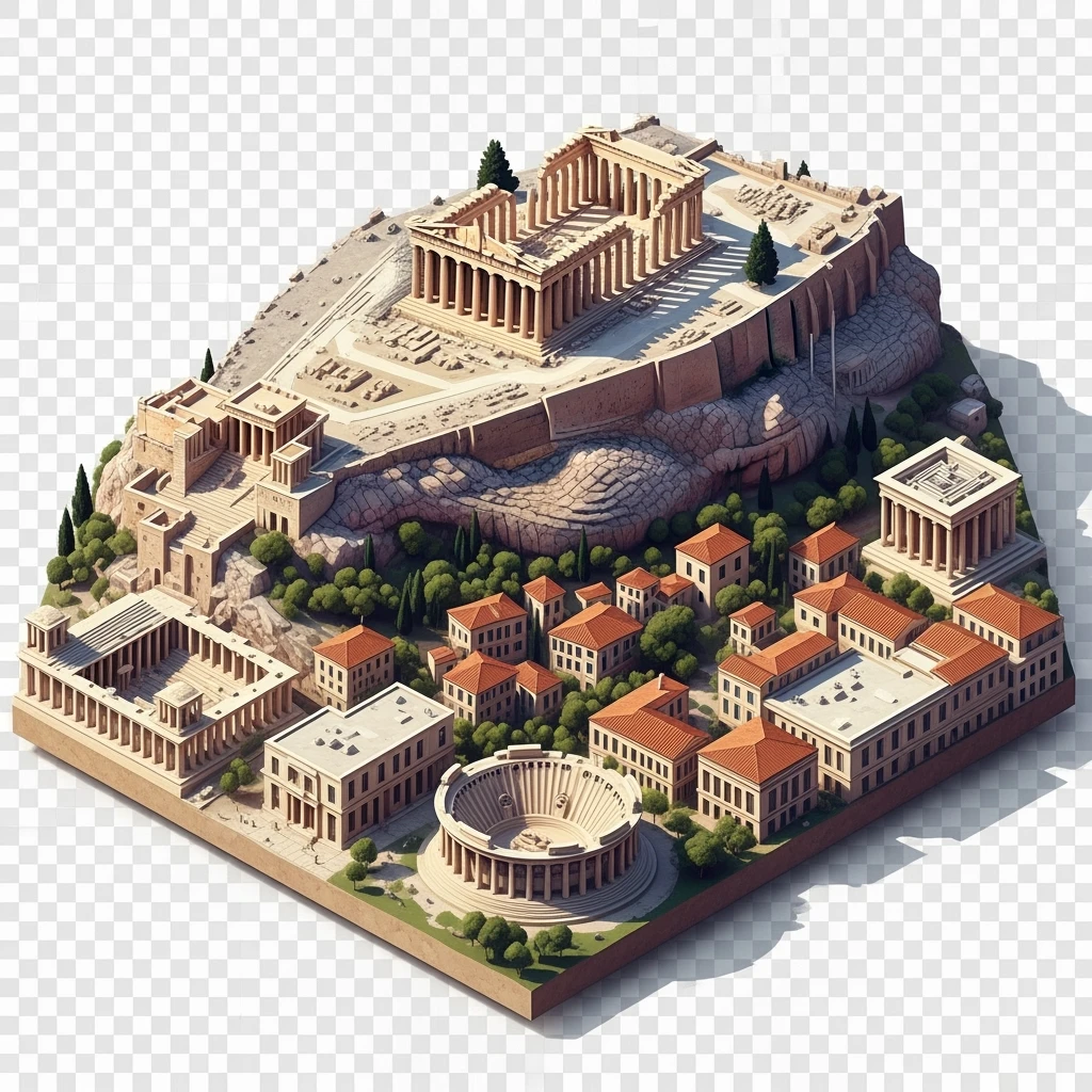 Isometric illustration of Athens, featuring the Parthenon on the Acropolis hill, highly detailed in semi-realistic style balanced between stylized and realistic, 3D miniature effect, transparent background. emoji