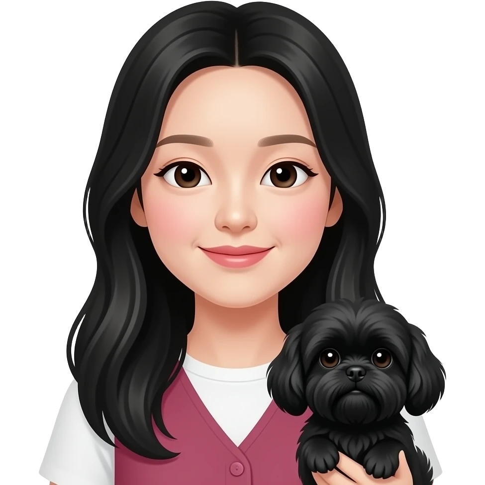 small eyes long black hair korean lady holding black shih tzu emoji