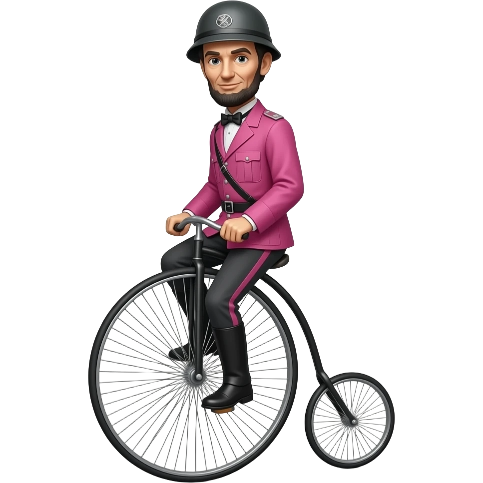 cinematic - Abraham Lincoln in a pink German World War II uniform with a helmet rides a velocipede emoji