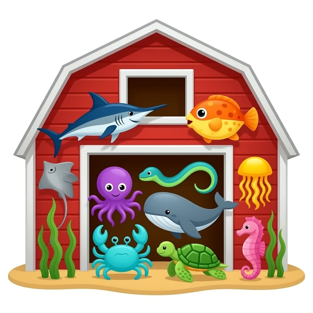 ocean animals inside the red barn (farm): Blue swordfish, gray stingray, orange and yellow blowfish, purple octopus, turquoise crab, green eel, yellow jellyfish, orange and black angelfish, gray whale, green sea turtle, and pink seahorse emoji