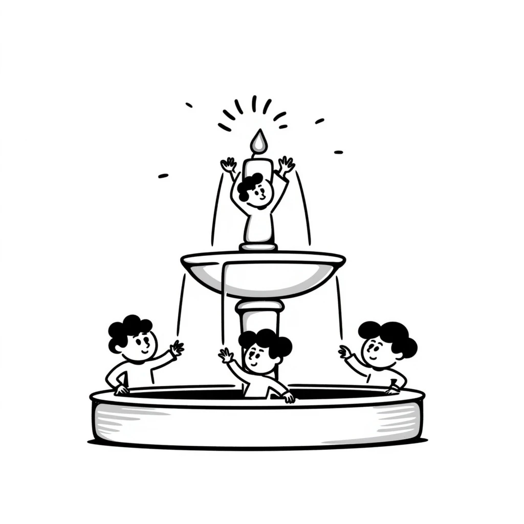 A black and white hand-drawn illustration of a fountain with statues emoji
