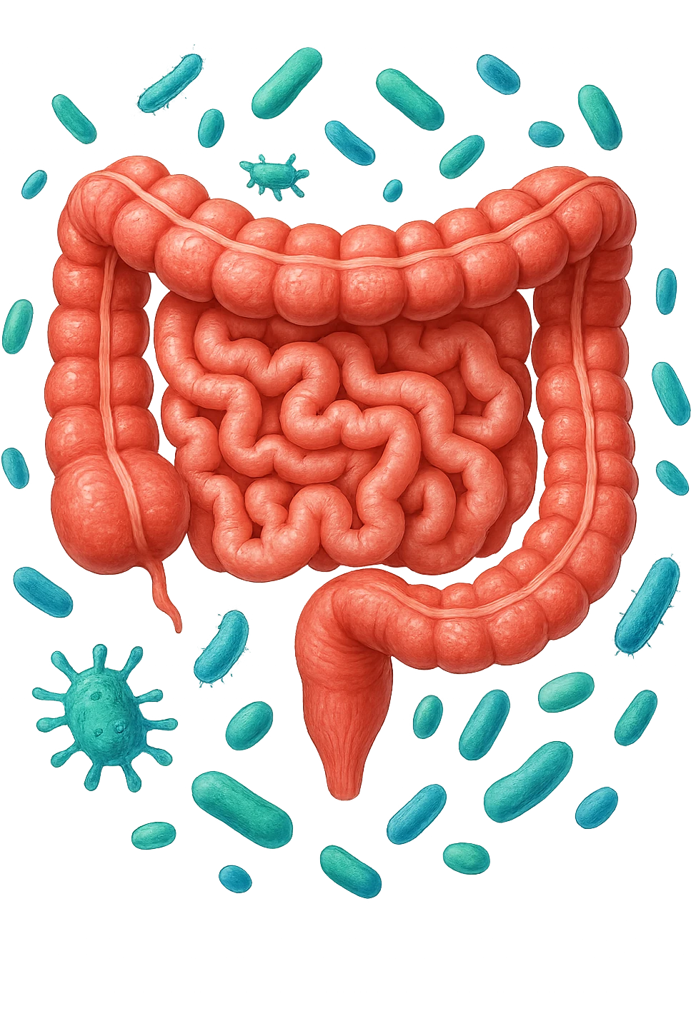 intestino umano anatomico con qualche batterio intestinale che gli fluttua intorno, ISOLATO SU SFONDO BIANCO emoji