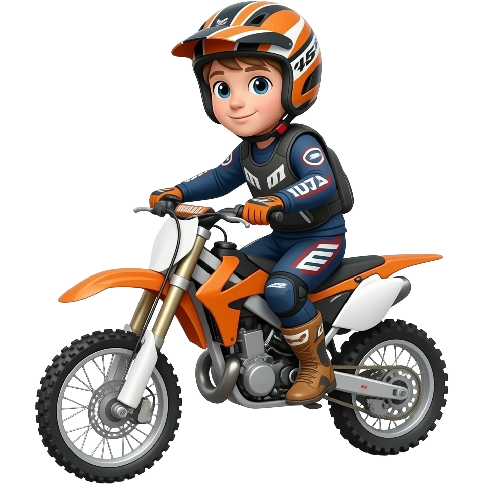 create a kid wearing a motorcross cloth and vest, she's wearing a helmet and a bots, she's riding a 65cc dirt bike, she is in the race track. emoji