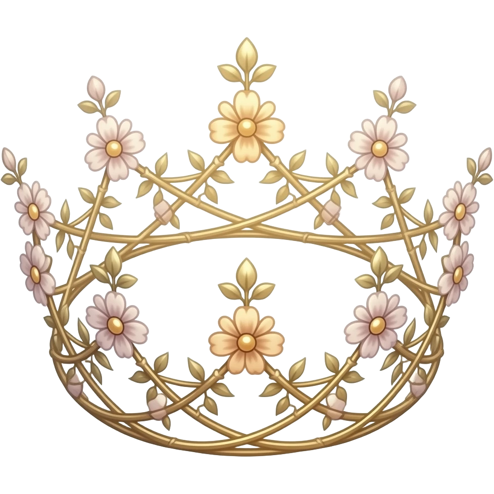 a small artistic crown made of thin gold lines, intertwined with delicate flowers and vines, soft glowing gold tones, feminine and ethereal, inspired by vintage illustrations and classical art, minimal composition, elegant and dreamy, slightly faded colors, transparent background emoji