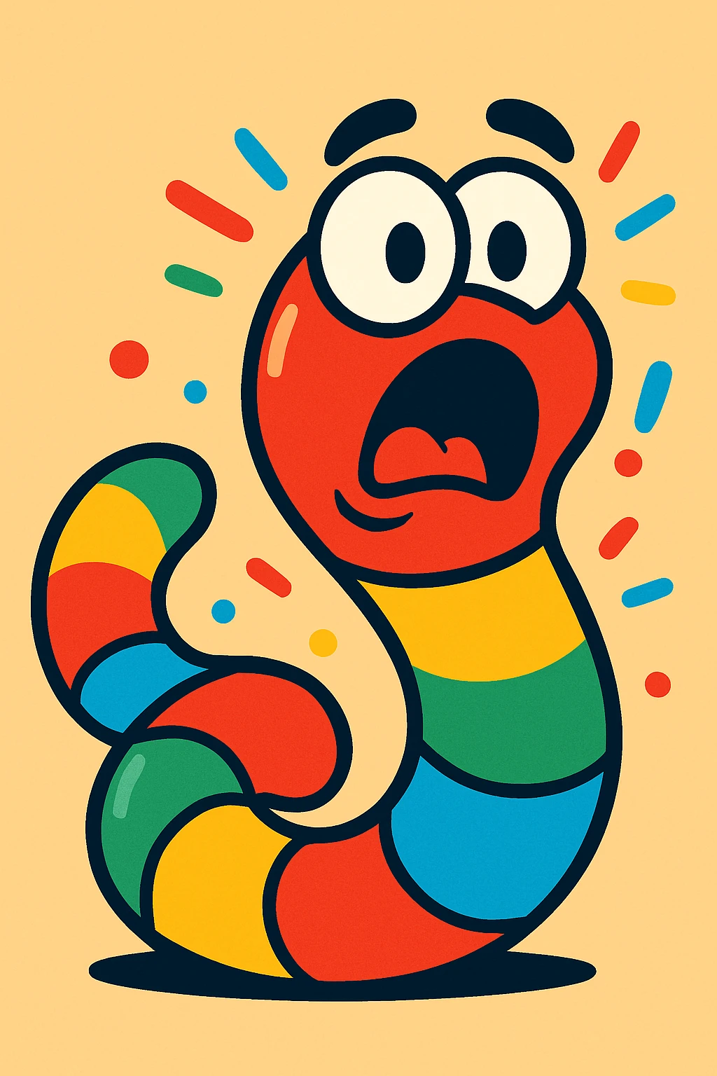 a gummy worm mascot with a shocked look, colorful, energetic emoji