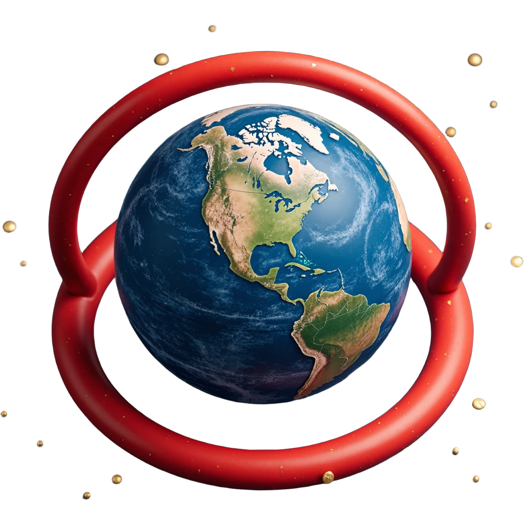 a realistic marble patterned like the Earth, with a red circle of constellations and stars around it, skeuomorphism style emoji