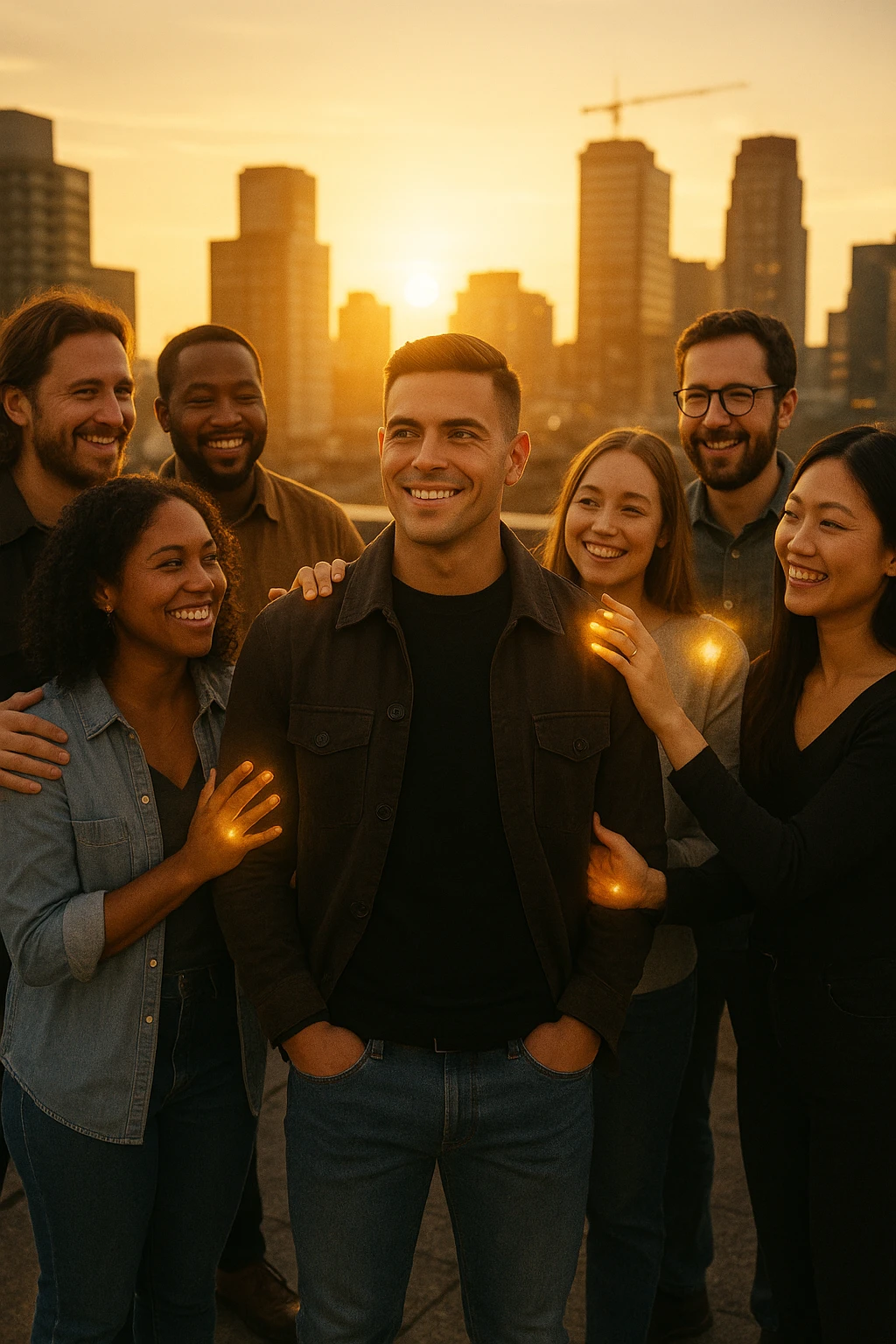 A cinematic scene of a man in his early 30s standing at the center of a sunlit urban rooftop during golden hour, surrounded by a diverse group of supportive, smiling people — friends, mentors, colleagues. They’re standing slightly behind or beside him, hands on his shoulder or gesturing toward him with encouragement. The man looks forward with a confident, inspired expression, body slightly relaxed, as if something inside di lui sta cambiando. The light behind the group forms a halo effect, emphasizing warmth and unity. Subtle visual symbolism: faint glow around their hands and hearts, suggesting their energy is uplifting him. Realistic clothing, modern style — jeans, T-shirts, casual jackets. The mood is inspiring, grounded, and full of potential. Shot in 35mm film style, with rich warm tones, shallow depth of field, and vibrant human detail. emoji
