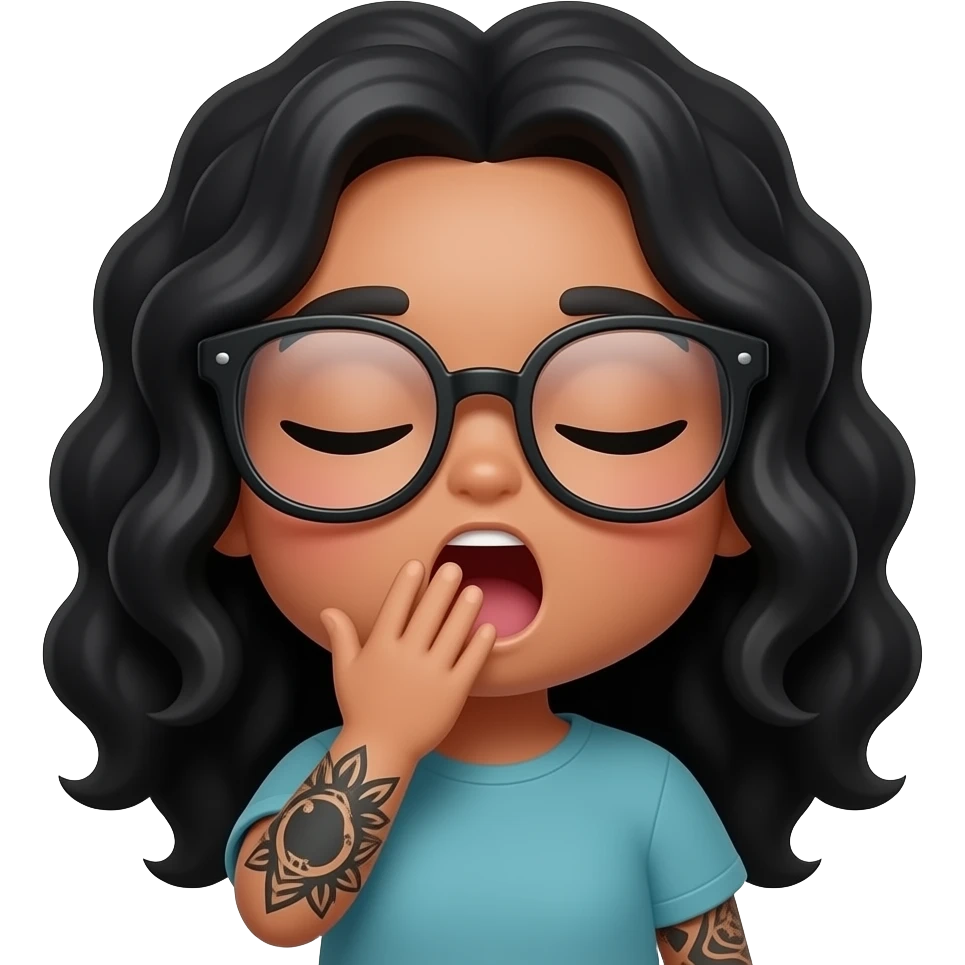 Kawaii style round very light brown skin glossy with eyes shut and oversized glasses and a full black tattooed arm and long curly black hair, yawning with hand in front of mouth emoji