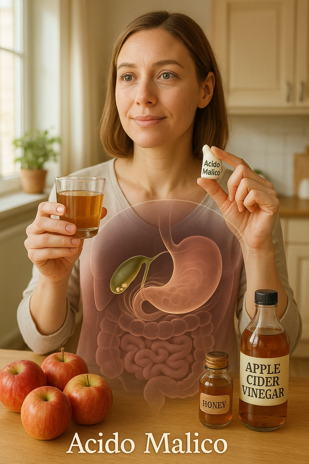 A detailed, realistic illustration or photo-style image showing a person holding a small glass of apple cider vinegar in one hand and a capsule labeled ‘Acido Malico’ in the other. In the foreground or as an overlay, a semi-transparent anatomical view of the abdomen highlights the gallbladder with visible small gallstones inside. Around the gallstones, gentle glowing waves or soft dissolving effects symbolize the softening or breakdown of the stones due to the natural acids. The person looks hopeful and calm, in a bright kitchen setting with fresh apples and natural health products on the counter. The overall mood is informative, natural, and hopeful about non-invasive, natural support for gallstone health in italiano emoji