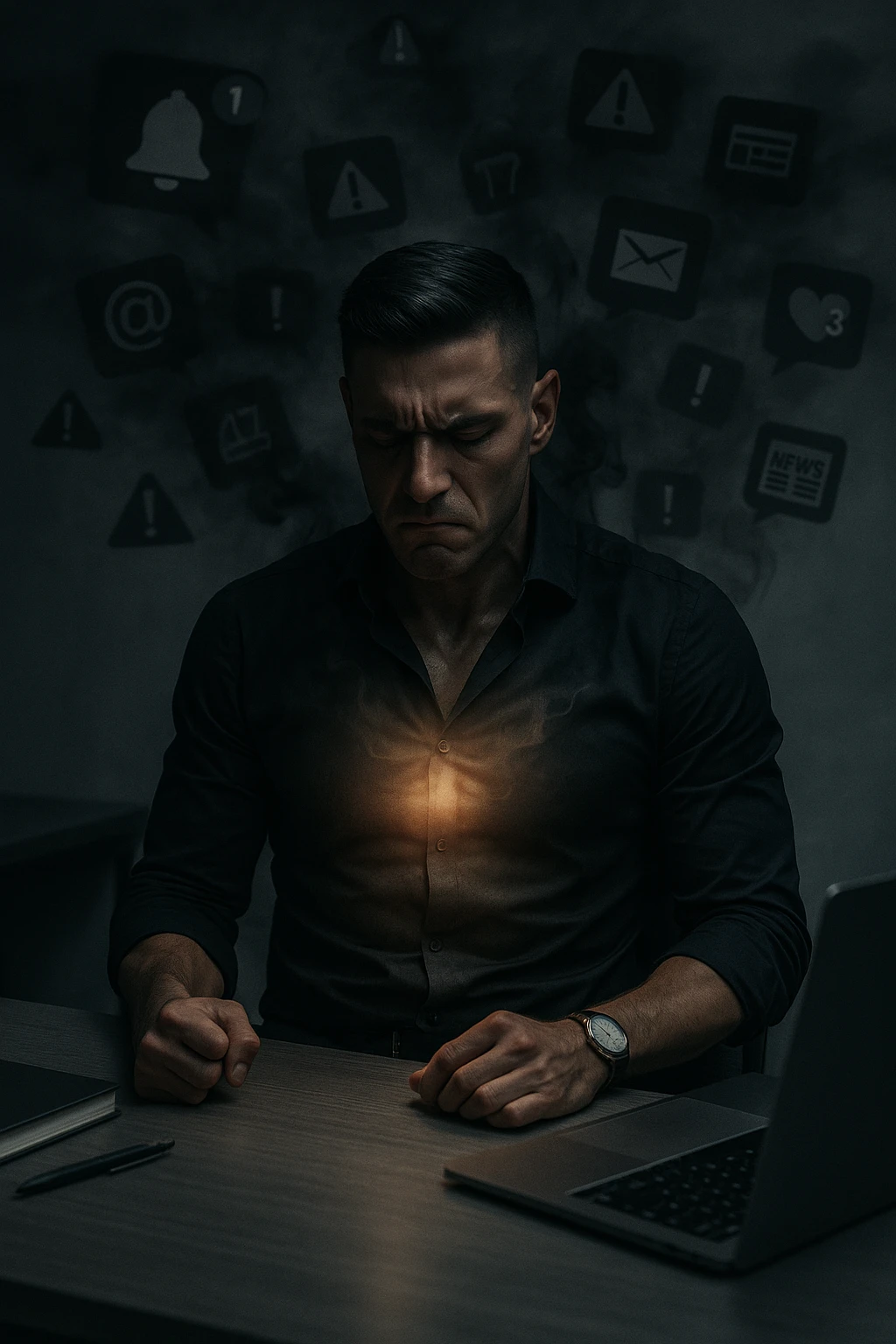 A highly realistic, cinematic image of a young man in his early 30s, sitting at a modern office desk under harsh artificial lighting, shoulders hunched, jaw clenched, and breathing shallowly, symbolizing how modern society forces people to live in a state of chronic tension and restricted breathing. Around him, faint black and grey visual elements represent notifications, deadlines, social media icons, and news alerts, swirling around his head like a chaotic storm, symbolizing societal pressure. His chest appears visually tight and compressed, and faint dark smoke emanates from his body, representing blocked breath and internalized stress. In contrast, a faint glowing light near his chest and abdomen tries to expand, symbolizing the innate desire of the body to breathe freely and deeply. The environment is cold and minimalistic, with a sense of stillness and tension, captured in a hyperrealistic 35mm film style with muted colors, focusing on the man's tense posture and restricted breathing to reflect the unseen burden of modern living. in italiano emoji