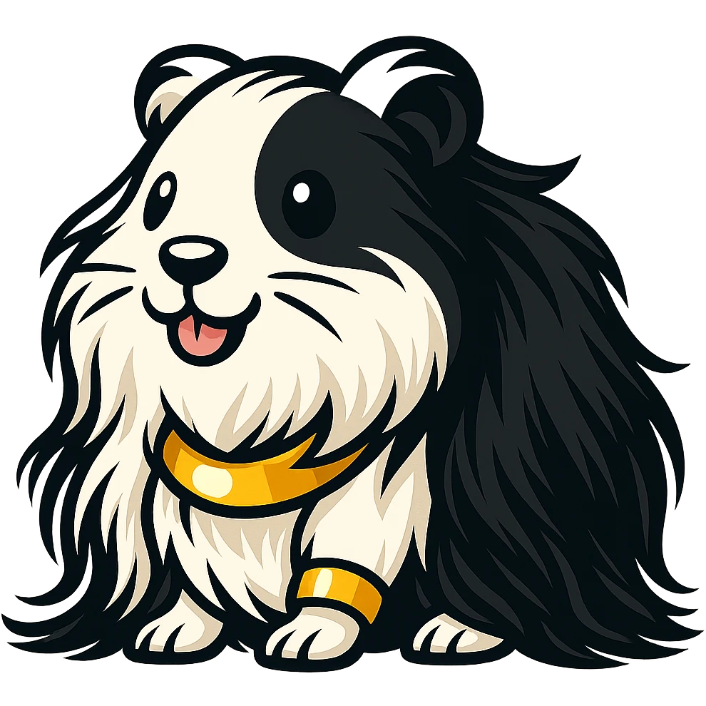 Make the guinea pig long-haired, black and white, with a strong muscular build and gold accessories, keep the style and no background. emoji