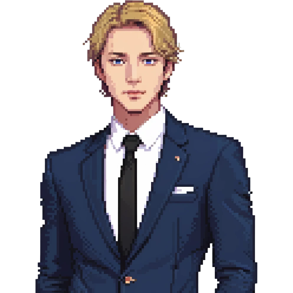 Flat pixel art, focused and reserved male thinker, fair skin, short sleek sandy hair, intense sharp eyes, wearing a deep indigo suit jacket over a black shirt, left hand thoughtfully touching chin, waist-up, front-facing emoji