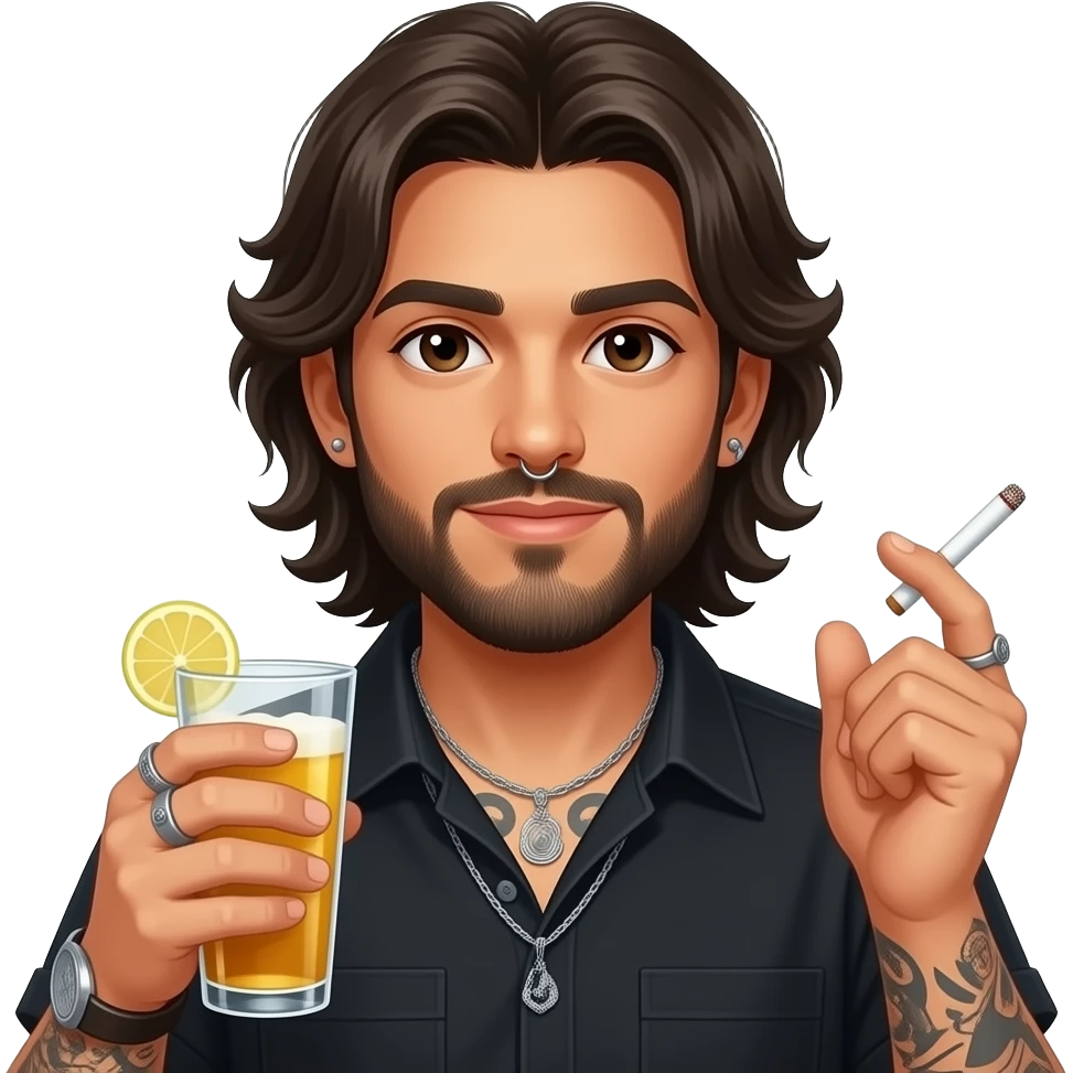 The handsome Latino podcast host with medium length hair, a long beard and tattoos with his ears pierced and a nose ring on the right side, dark brown eyes, partying with drinks and cigarettes emoji