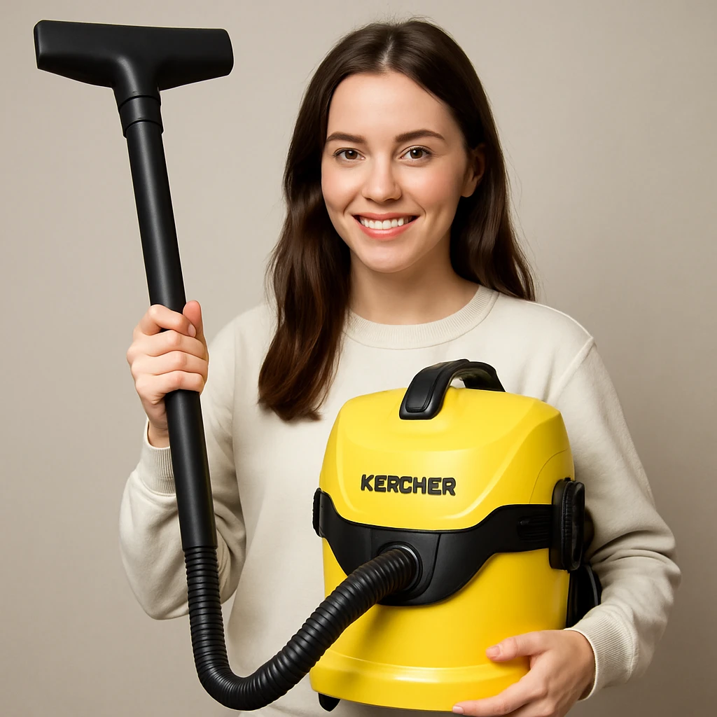 white girl with brown hair holding a Karcher vacuum cleaner, style 1 emoji