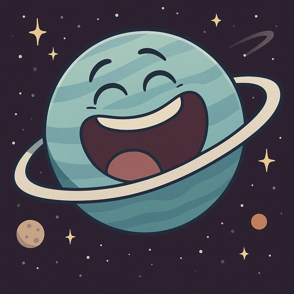 Uranus as a blue-green planet with a wide open mouth, laughing, with stars and space background, cartoon style emoji