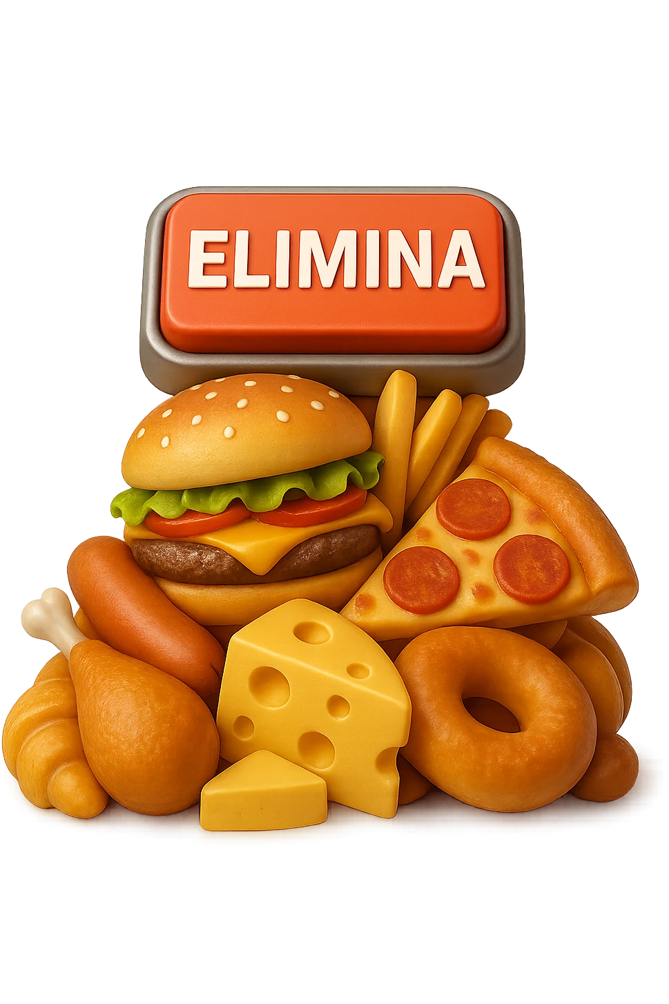 emoji stile iphone di montagna di cibo con tasto "ELIMINA" SOPRA , iperrealistico 4k, isolato su sfondo bianco emoji
