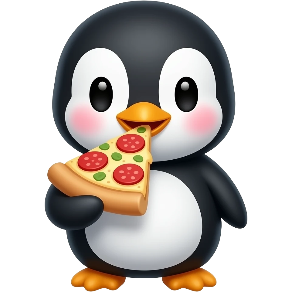 pingüino cuki y kawai comiendo una porción de pizza emoji