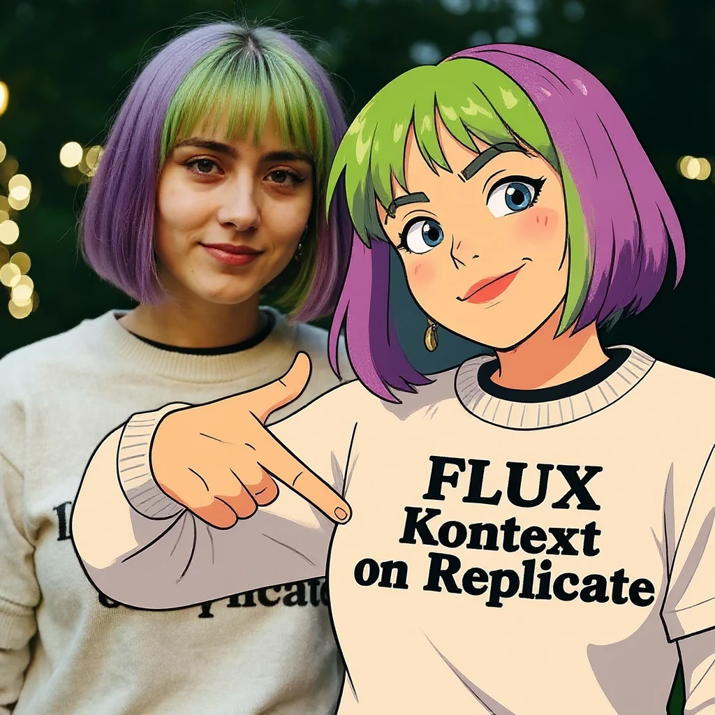 make a image of a girl with a anime version of that girl beside her wearing tshirt with text of FLUX Kontext emoji
