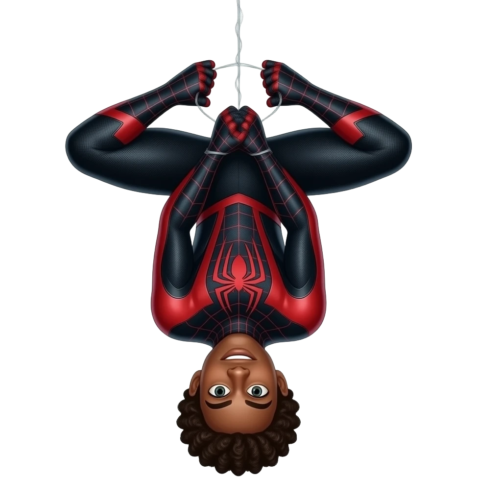 Spiderman miles morales wearing his mask in his black and red suit hanging upside-down holding the web string with both hands with his mask on emoji