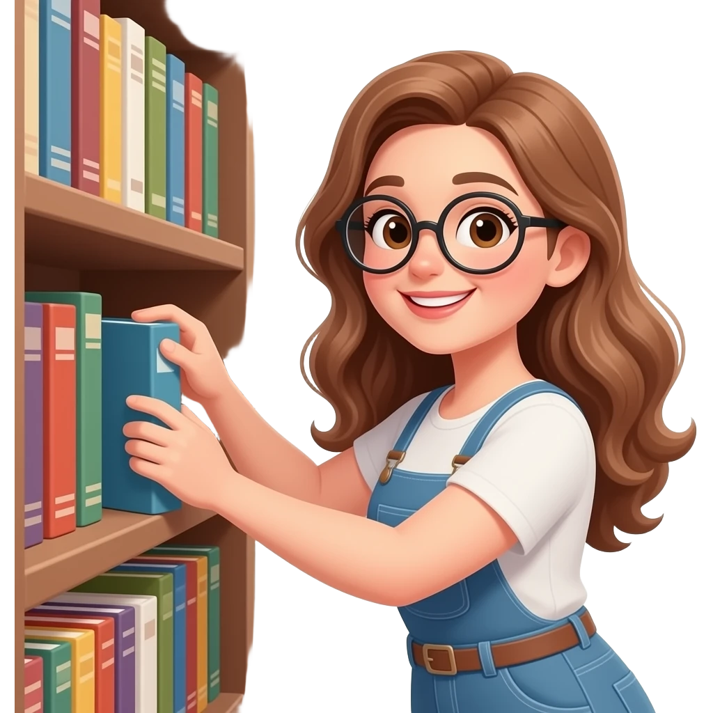 detailed emoji illustration of a curvy woman with long light brown wavy hair, light brown eyes and round glasses organizing books on a bookshelf, happy book lover vibe, cute emoji style emoji