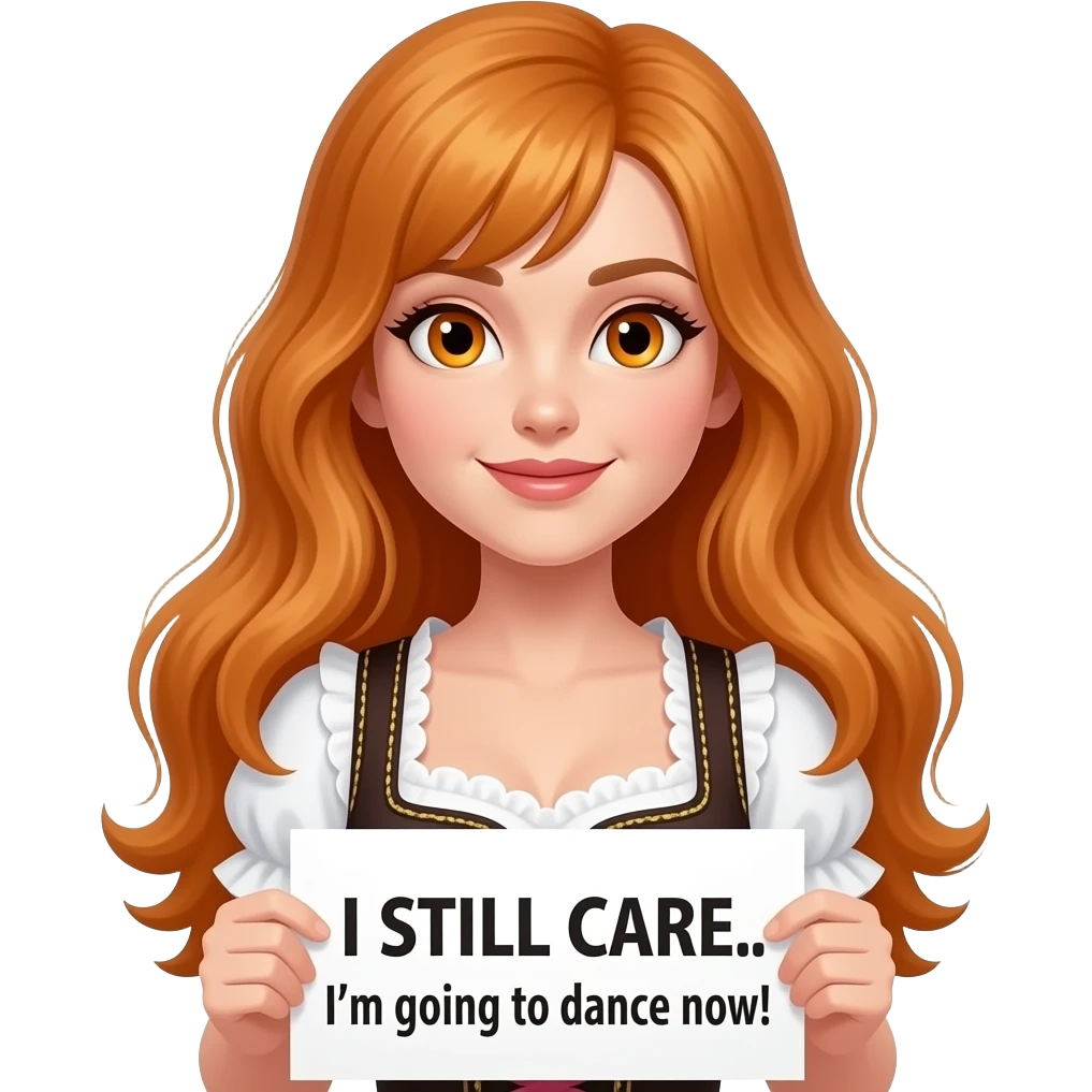 sexy girl with overlong ginger hair and ginger eyes wearing a dirndl holding MIR DOCH EGAL... Ich gehe jetzt TANZEN! sign emoji