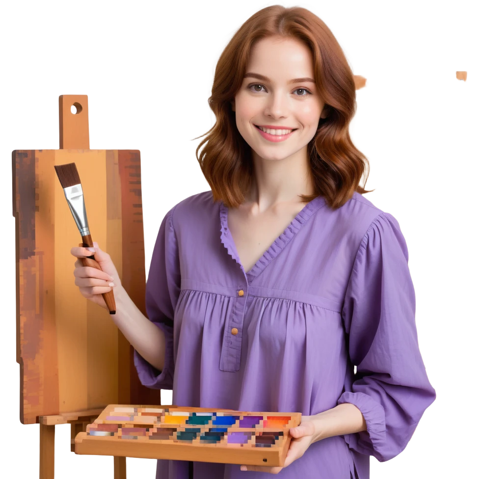 Serene female oil painter, Caucasian features, shoulder-length auburn hair, soft brown eyes, gentle smile, wearing a violet painter’s smock lightly stained with paint over a beige blouse, holding a wooden palette with vibrant colors in one hand and a brush in the other, waist-up, front-facing emoji