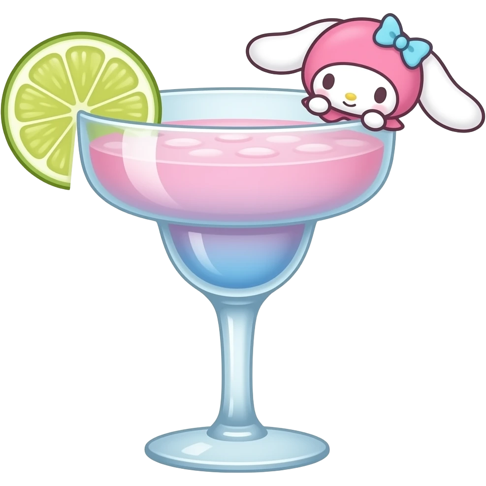 little twin star the sanrio character themed pink and light blue colored cocktail in margarita glass with actual illustration of little twin star  as a garnish emoji