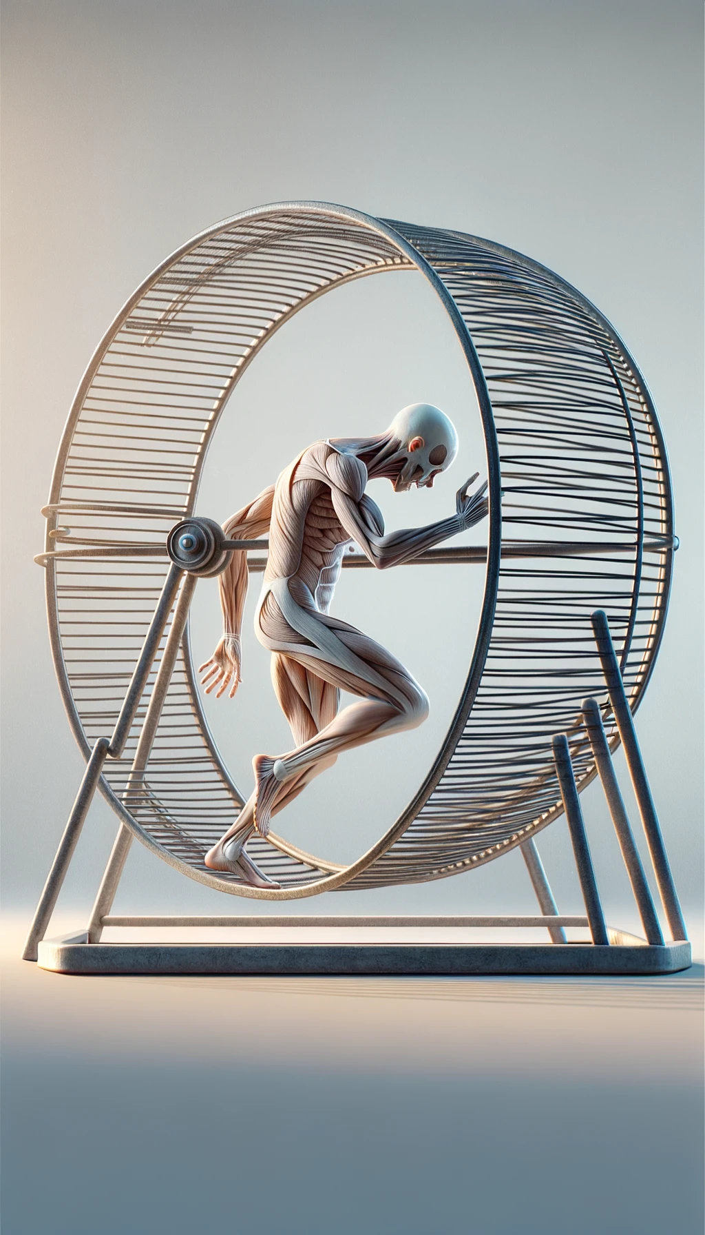 corpo umano anatomico che corre sulla ruota come se fosse un criceto stressato, sfondo chiaro, iperrealistica 4k emoji