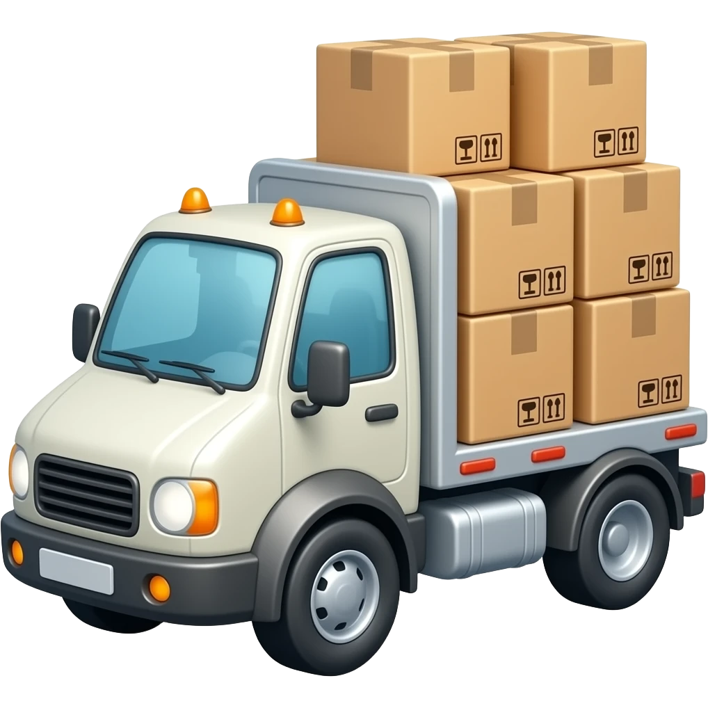 cute delivery truck carrying boxes, moving truck emoji, cheerful style, minimal emoji design emoji