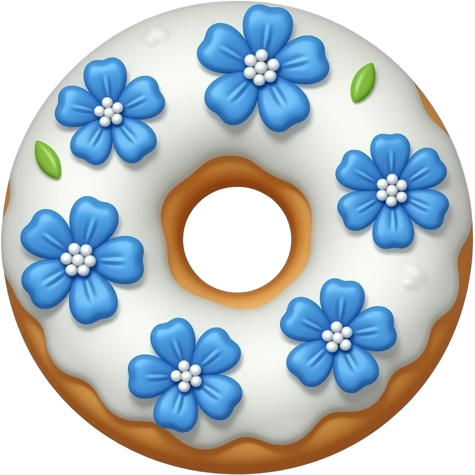doughnut with white frosting decorated with blue flowers with long petals and a few green leaves, seen from a side emoji