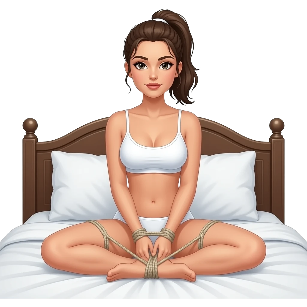 woman in white underwear with ponytail on bed with ankles tied to thighs shibari emoji