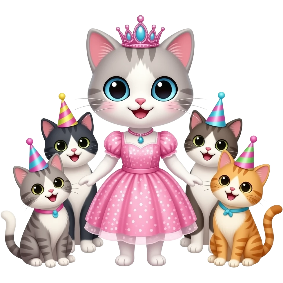 a birthday princess cat surrounded by four happy cats emoji