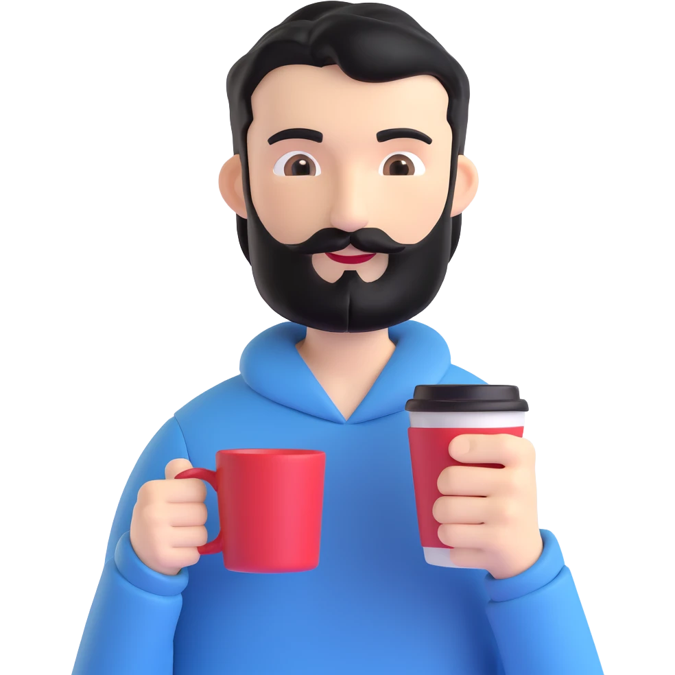 A thin guy with black hair, a long face, black beard, not too thick and long, holding a mug of coffee emoji