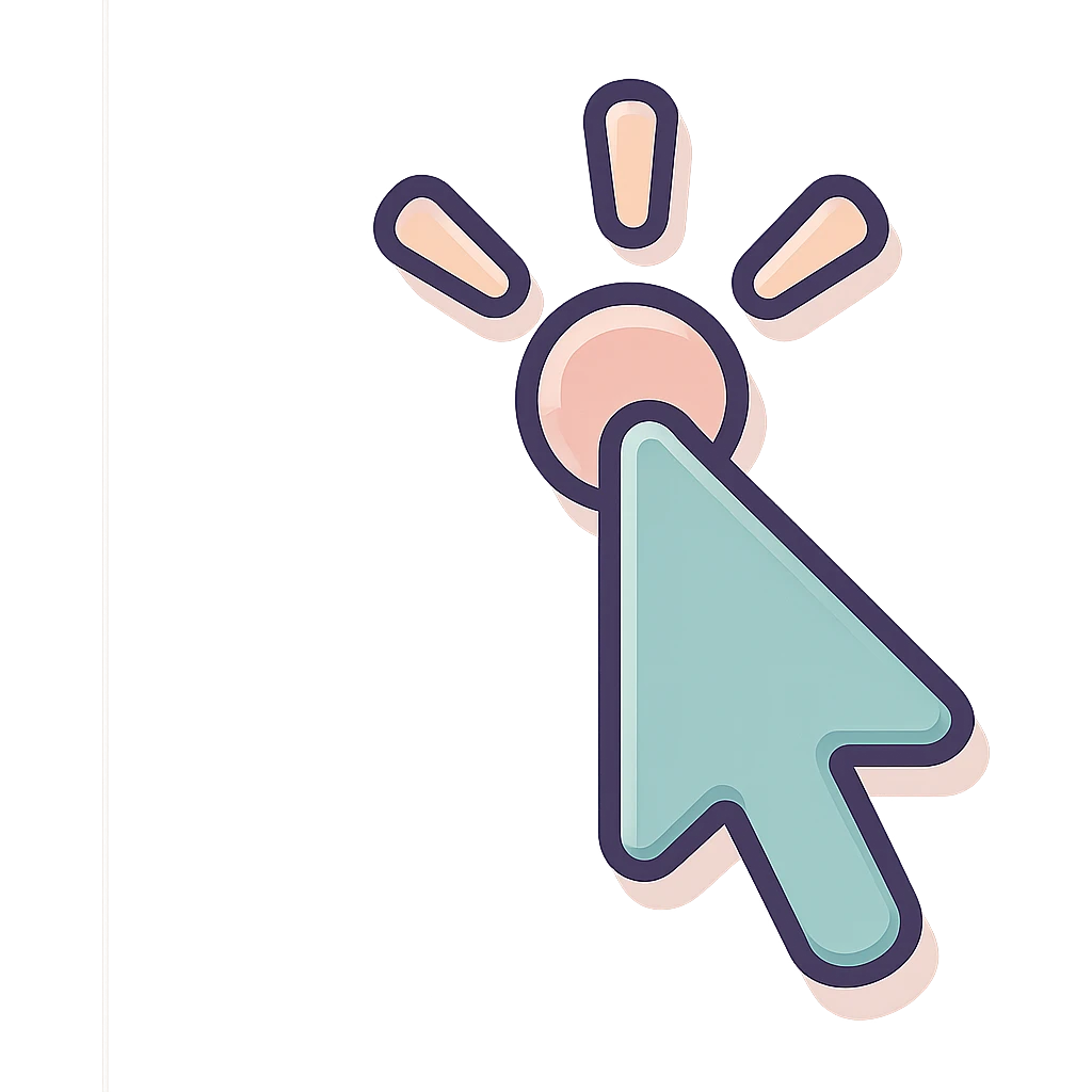 mouse cursor in icon-color-outlined style with shadows and highlights, thin clean contours, soft rounded shapes, pastel palette #98B5BC, #B5B3C1, #C9A3C9, #E4C0CA, #F7DCD1, #F7C0AA, modern Japanese pop art and sticker aesthetic, soft lighting, transparent background, cursor appearing to click on a button, multiple pose and angle variations emoji