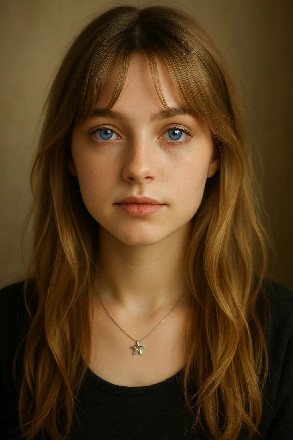 girl with blue eyes, long dirty blonde hair styled with curtain bangs, small silver star necklace, gentle expression emoji