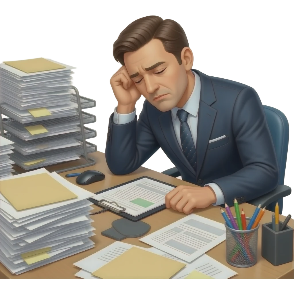 hombre con traje,muy cansado en su escritorio emoji