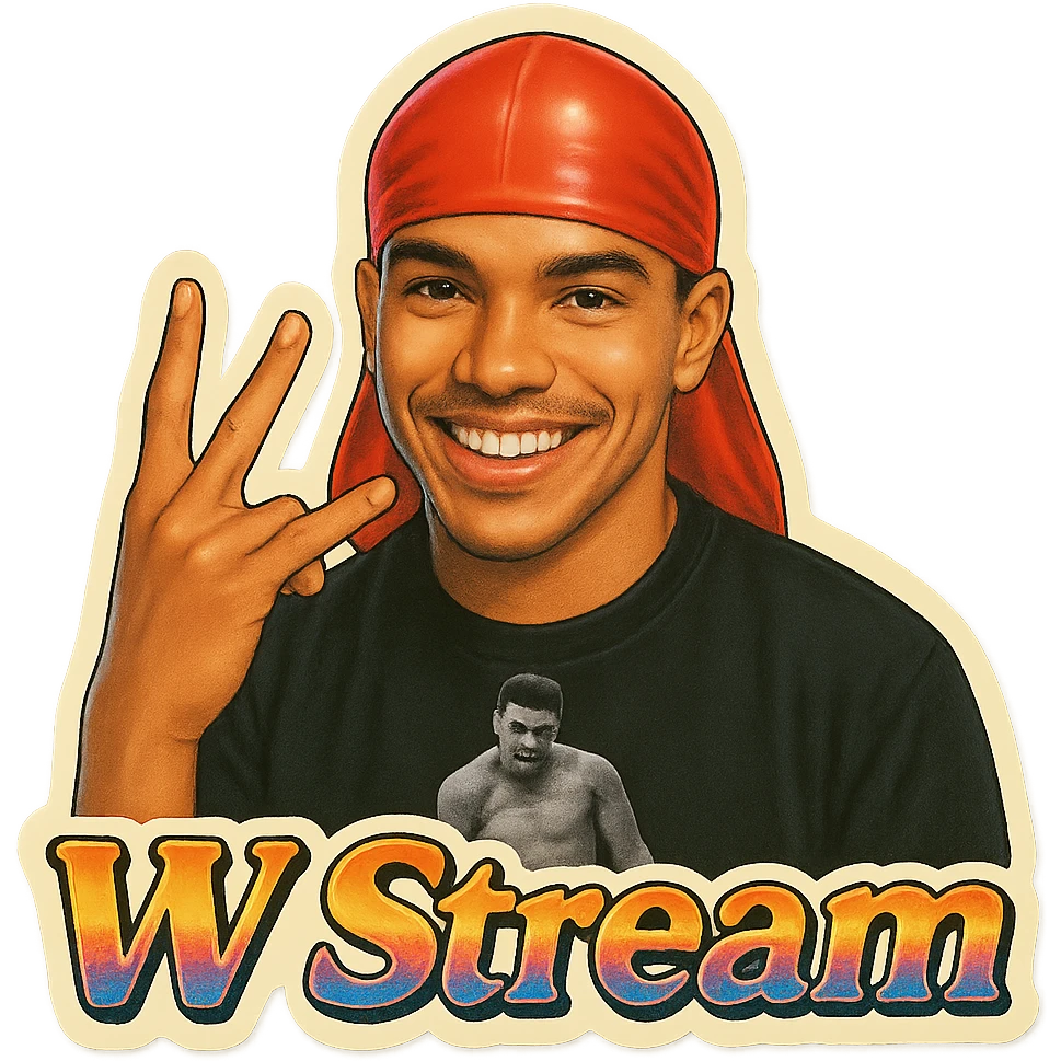 Make him Smiling 
W Finger signal
Change His durag To Red
Add the words W Stream emoji