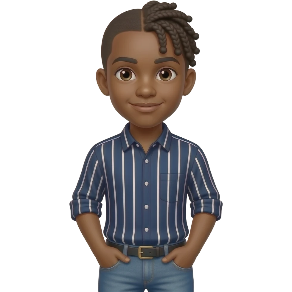 African American teenage boy with half his hair braided in cornrows and the other half sticking up wearing a navy blue button up shirt with white vertical stripes wearing denim jeans emoji