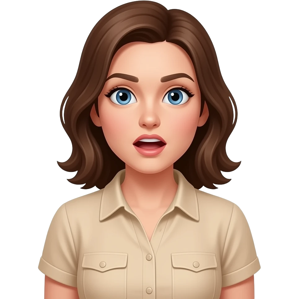 Make a white female with brown hair and blue eyes. Have them wear a beige short sleeved blouse. make the emoji look both excited and confused emoji
